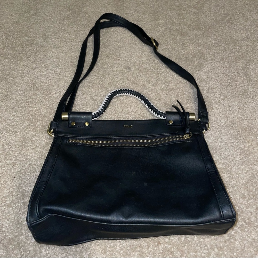 Relic by Fossil Black Faux Leather Satchel Crossbody Bag Braided Handle Brass
